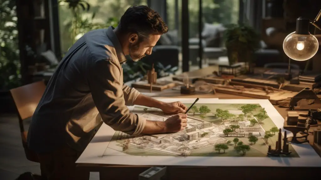 Man looking at plans for his backyard